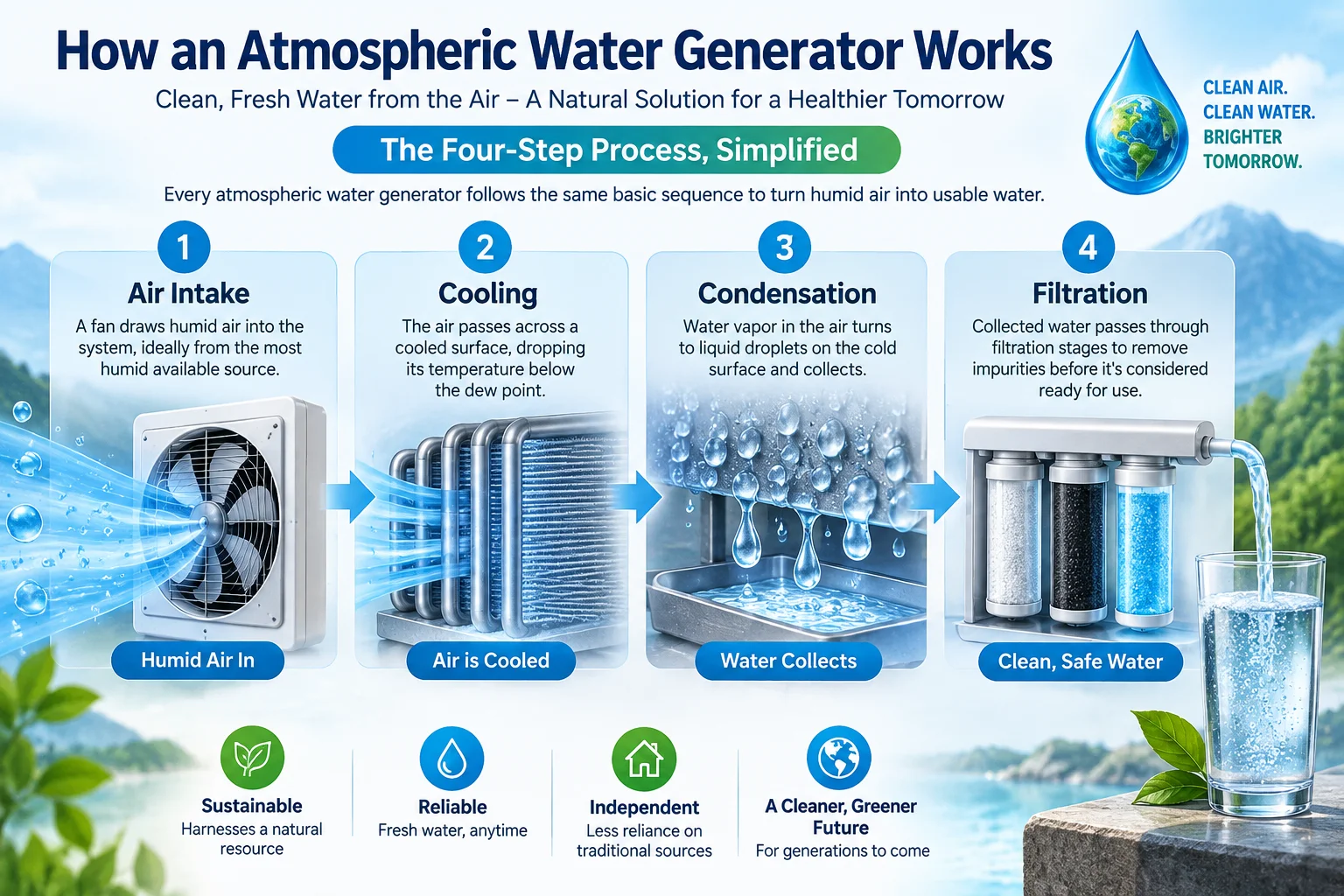 How an atmospheric water generator works: air intake, cooling, condensation, and filtration